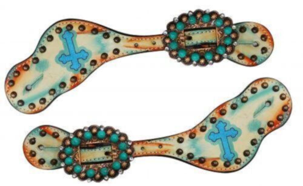 Adjustable Hand painted SPUR STRAPS w/ CELTIC CROSS Rhinestones turquoise studs