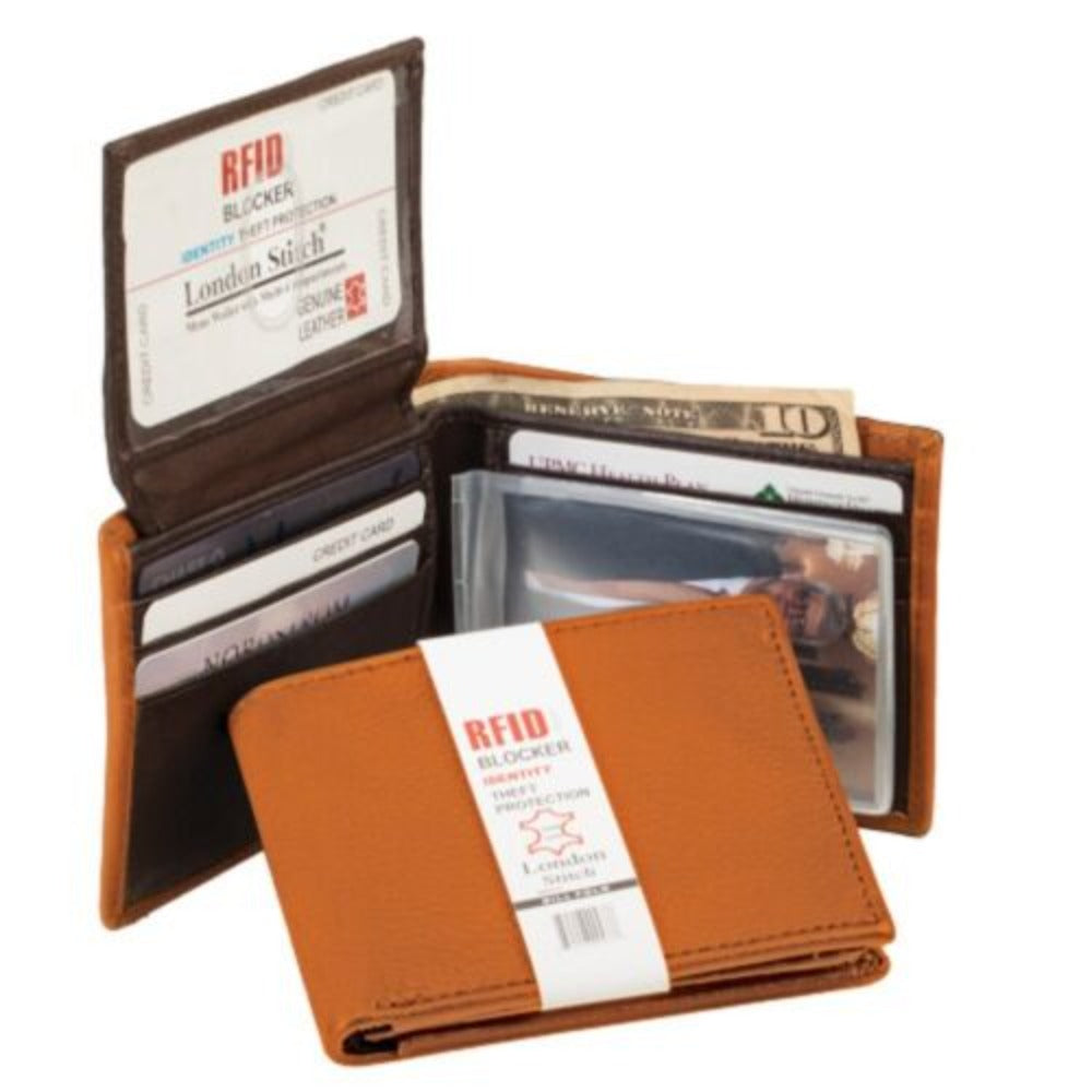 Genuine TAN LEATHER BIFOLD WALLET w/ RFID Protection