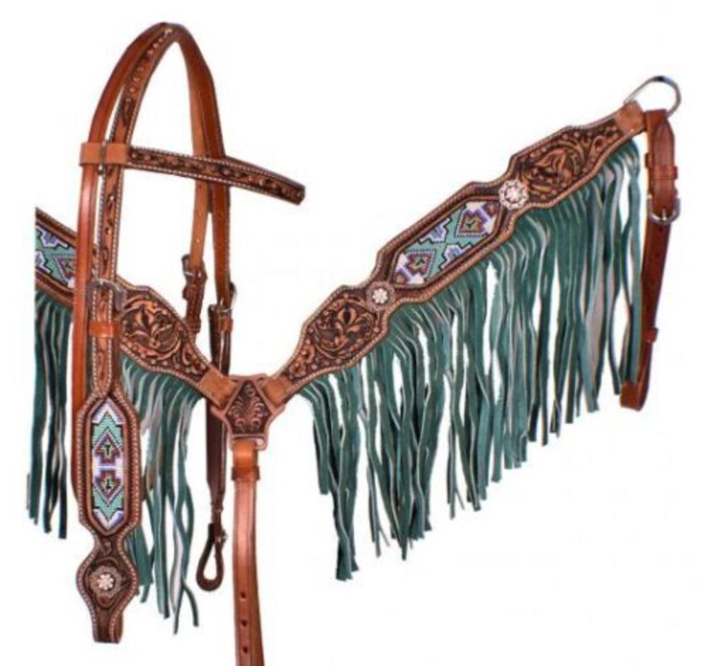 Leather Teal & Purple Beading Breast Collar & Headstall Set w/ Fringe