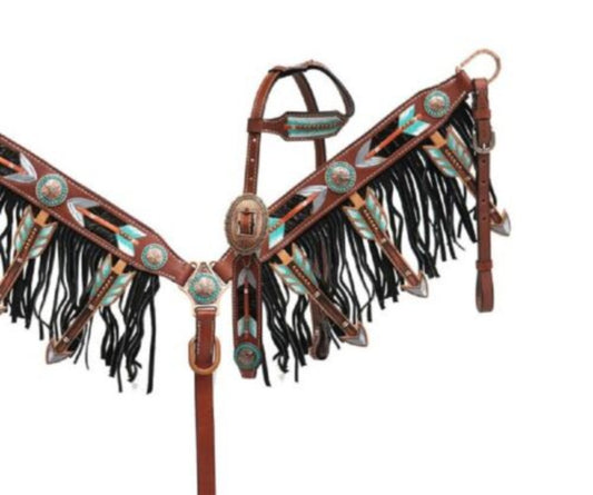 Leather Cut-Out Arrow Design Headstall & Breast Collar Set w/ Split Reins