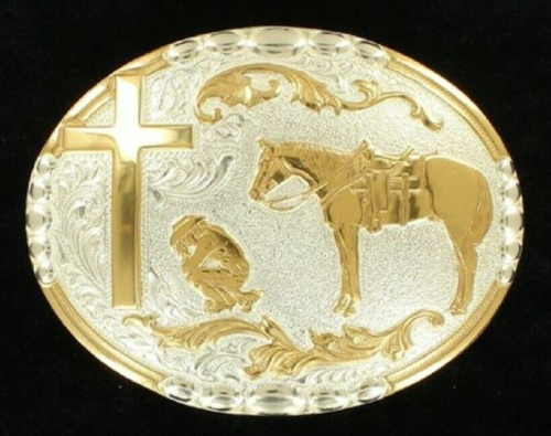 Crumrine OVAL 'PRAYING COWBOY' BELT BUCKLE Silver & bronze