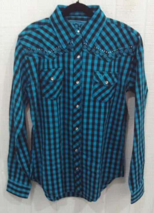 Cowgirl Hardware Youth Girl's Black & Turquoise Plaid Western Shirt