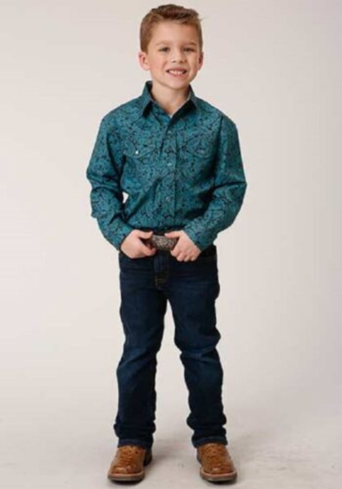 Youth boy's Roper Blue & brown AGAVE PAISLEY WESTERN SHIRT w Snaps