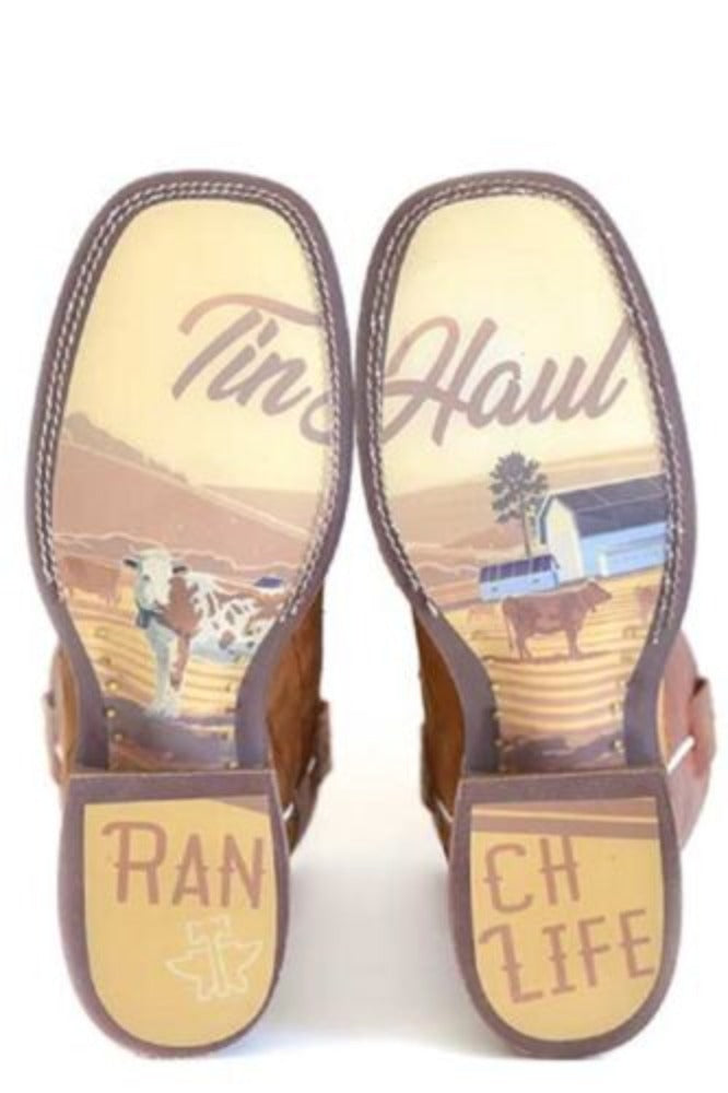 Men's Tin Haul Brown & tan 'CROSSED' COWBOY BOOTS w/ Ranch sole