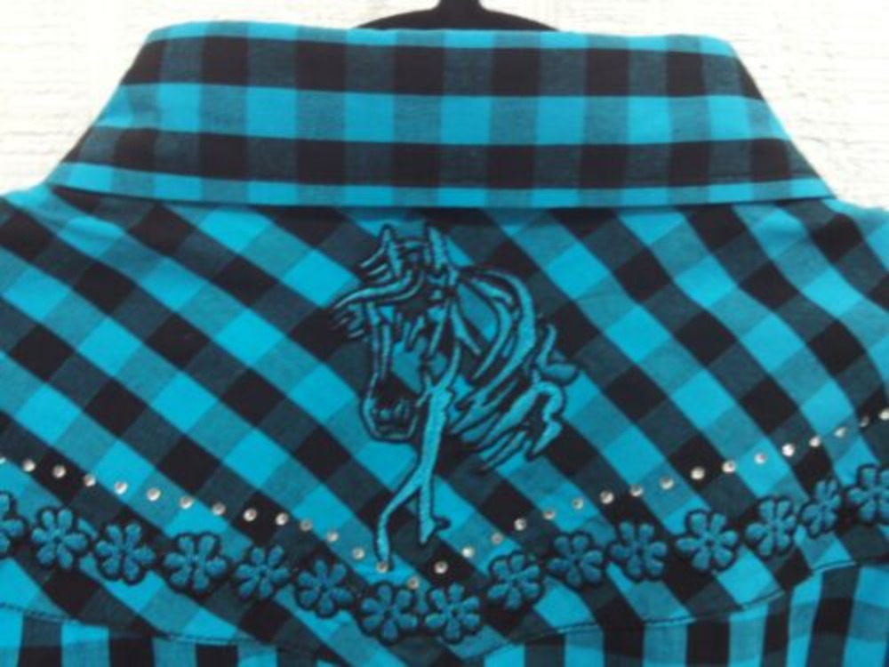 Cowgirl Hardware Youth Girl's Black & Turquoise Plaid Western Shirt