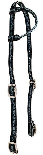 Black Nylon Headstall w/ Teal Barbwire Design